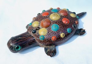 Exceptional Decorated “Turtle” Form Ice Fishing Spearing Decoy with Raised Domed Painted Metal Decoration Exceptional Decorated “Turtle” Form Ice Fishing Spearing Decoy with Raised Domed Painted Metal Decoration