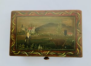Penn. Painted Box with Dovetailed Drawer and Farm Scene Painting on Top