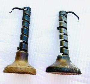 Adjustable Early 19th. C. Wrought Iron and Wood Candlesticks